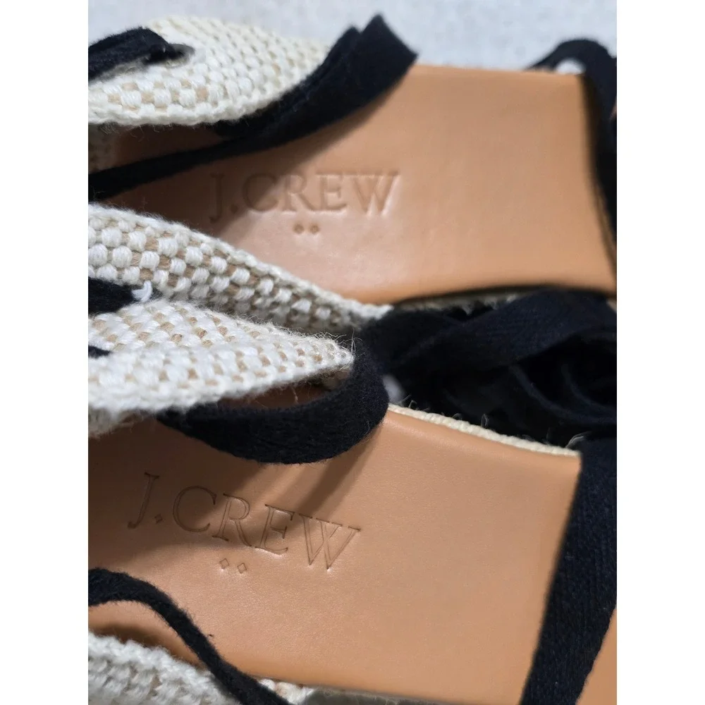 J.Crew Black Canvas Espadrille Wedge Sandals Lace Up Ankle Tie Cream Heel 7.5